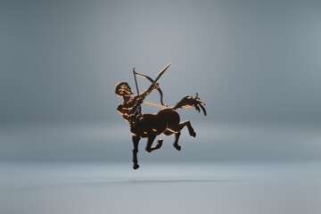 Poster - Beautiful black zodiac sign Sagittarius with yellow light  symbol icons on a blue  background. 3d rendering illustration. Background pattern for design.