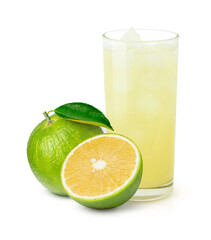 Wall Mural - Glass of bitter orange juice and fresh Aurantium citrus (Seville orange) with green leaf isolated on white background.
