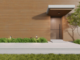 Poster - 3d rendering of large wooden wall with building entrance door.