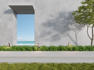 Poster - 3d rendering of concrete building with terrace and large window on sea background.