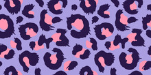 Animal Print, Purple Leopard, Vector Seamless Pattern In The Style Of Doodles, Hand Drawn