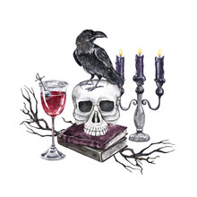 Halloween Prearranged Composition With Blood Vine In A Glass, Raven, Skull, Books And Dark Candles. Watercolor Illustration, Isolated On White Background.