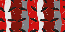 Seamless Pattern With Black And Red Umbrellas, Striped Background In Red And Gray Colors. Protection From Rain And Sun. Bright Print For Raincoats, Clothes, Wallpaper. Vector Stock Image.