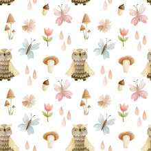 Watercolor Seamless Pattern Owl, Mushrooms, Butterfly, Flower. Autumn Background.