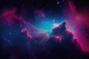 Illustration of a space cosmic background of supernova nebula and stars, glowing mysterious universe