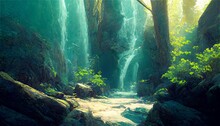 絵画 イラスト 森 泉 滝 自然 緑 ファンタジー