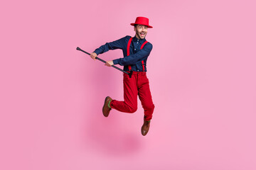 Poster - Full length portrait of crazy cheerful person jumping have good mood isolated on pink color background