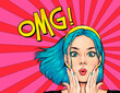 Surprised young sexy woman  in comic style. Amazed lady saying OMG. Pop Art girl with shocked face.  