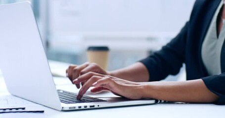 Poster - Business woman, hands and typing on laptop keyboard for corporate meeting pitch brainstorm. Employee with quick and efficient notes on digital device for work idea or strategy planning.