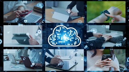 Fototapete - 様々なモバイルデバイスを使う人々　クラウドネットワーク