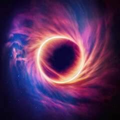 Wall Mural - illustration of a black hole in space cosmic background of supernova nebula and stars, glowing myste