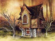 Colorful Scene With A Fantasy House Surrounded By Withered Trees In A Forest. 3D Render.