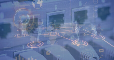 Poster - Image of data processing over network of connections with icons and scope scanning