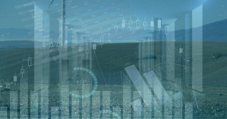 Poster - Image of statistics and data processing over wind turbine on wearing empty office