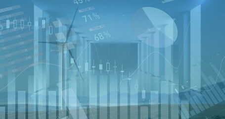 Poster - Image of statistics and data processing over wind turbine on wearing empty office