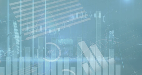 Poster - Image of statistical data processing over spinning windmills on grassland against blue sky