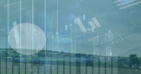 Poster - Image of statistical data processing over spinning windmills on grassland against blue sky
