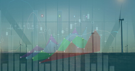 Poster - Image of statistical data processing over spinning windmills on grassland against blue sky