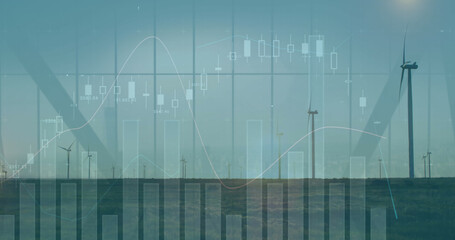 Poster - Image of statistical data processing over spinning windmills on grassland against blue sky