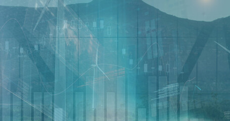Poster - Image of statistical data processing over spinning windmills on grassland