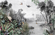 Wallpaper Vintage Oasis Style With Birds, Egrets, Palms And Flowers With Sky Background For An Ancient Landscape 