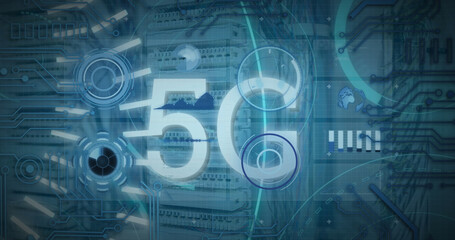 Poster - Image of 5g text banner, round scanners and data processing against computer server room