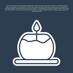 Sticker - Blue line Aroma candle icon isolated on blue background. Vector