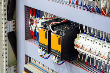Poster - electrical equipment. open power shield with automatons. structured electrical equipment in metal ca