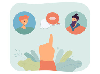 Poster - Hand pointing at user profiles flat vector illustration. People chatting online via smartphone app. Communication, social media, friendship concept for banner, website design or landing web page