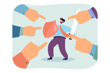 Aufkleber - Fingers of people pointing at businessman with sword and shield. Tiny man protecting business flat vector illustration. Leadership safety concept for banner, website design or landing web page