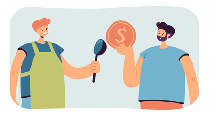 Sticker - Man giving money to chef with apron and ladle. Person holding dollar coin to pay for cooking service flat vector illustration. Payment, food concept for banner, website design or landing web page