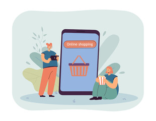 Poster - Tiny girls doing shopping online flat vector illustration. Female cartoon characters buying food through mobile app. Ecommerce, grocery concept for banner, website design or landing web page
