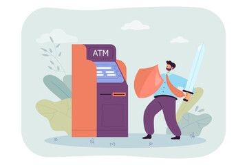 Poster - Angry man with shield and sword standing in front of ATM. Failed withdrawing of tiny person flat vector illustration. Bad service, technology concept for banner, website design or landing web page