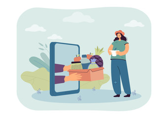 Poster - Hands from phone screen giving food box to poor tiny girl. Person donating via mobile app flat vector illustration. Charity, help, delivery concept for banner, website design or landing web page