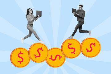 Sticker - Creative abstract template collage of two excited successful clever workers brokers traider project managers earning money use netbooks