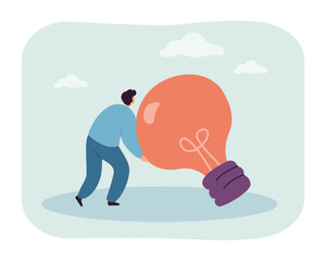 Poster - Tiny man holding heavy light bulb. Brainstorm process, ideas and solutions of thinking person flat vector illustration. Invention, innovation concept for banner, website design or landing web page