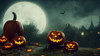 Wall Mural - Halloween background. Creepy pumpkin with echo and dark forest.