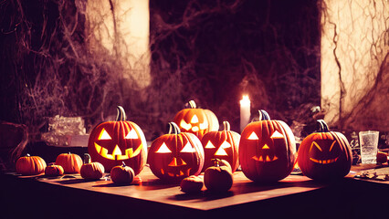 Wall Mural - Halloween Carved Pumpkin. Jack O Lantern smile face. Decoration from pumpkins. Happy Halloween.