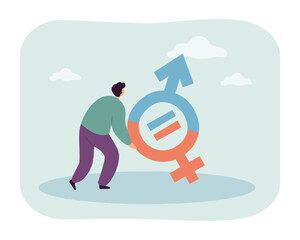 Tiny man holding heavy male and female equal gender signs. Person with symbols of men and women equality flat vector illustration. Feminism concept for banner, website design or landing web page