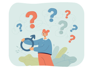 Canvas Print - girl holding female gender sign flat vector illustration. question marks over pensive woman. doubt, 