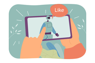 Poster - Online interaction between chatbot and customer. Finger of person touching robot and bubble with like text on screen flat vector illustration. AI concept for banner, website design or landing web page
