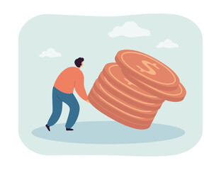Poster - Man carrying heavy stack of cash money. Tiny person holding dollar coins for investment or payment flat vector illustration. Finance, weight concept for banner, website design or landing web page