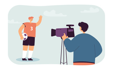 Poster - Man with camera recording interview with soccer player. Press conference of male professional footballer flat vector illustration. Sport news concept for banner, website design or landing web page