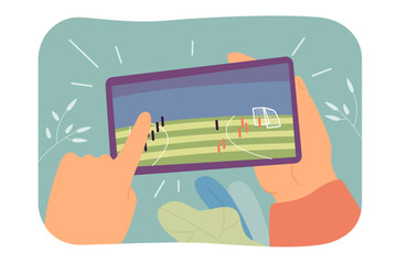 Poster - Customers hand touching phone screen with soccer mobile app. Person watching live match in smartphone flat vector illustration. Online football concept for banner, website design or landing web page