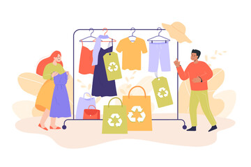 Poster - Customers buying clothes at second hand retail shop. Ethical, eco friendly shopping, recyclable clothing flat vector illustration. Shopping, fashion, responsible consumption and production concept