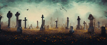 Artistic Painting Concept Of Halloween Background With Pumpkin In A Spooky Graveyard At Night, Natural Color, Digital Art Style, Illustration Painting. Creative Design, Tender And Dreamy Design.