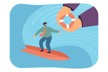 Aufkleber - Financial risk of businessman surfing digital waves. Hands giving lifebuoy, protecting tiny man flat vector illustration. Insurance, protection concept for banner, website design or landing web page
