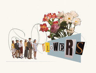 Sticker - Contemporary art collage. Group of stylish people standing in a line to buy flowers. Holiday, celebration