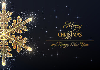 Wall Mural - Merry Christmas greeting card with shiny gold snowflake on black background. Vector illustration,