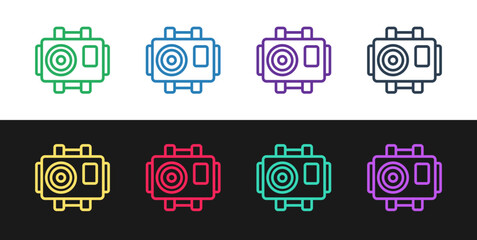 Wall Mural - Set line Photo camera for diver icon isolated on black and white background. Foto camera icon. Diving underwater equipment. Vector